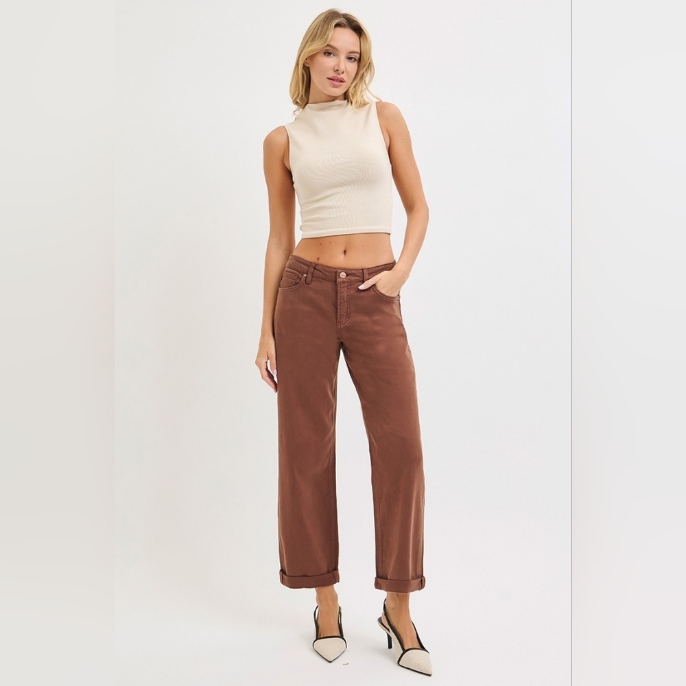 High-Rise Cropped Straight Leg Jeans in Brown